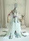 Fairy Off-White Chiffon A-Line Wedding Dress with Colorful Floral Embroidery and Off-Shoulder Straps