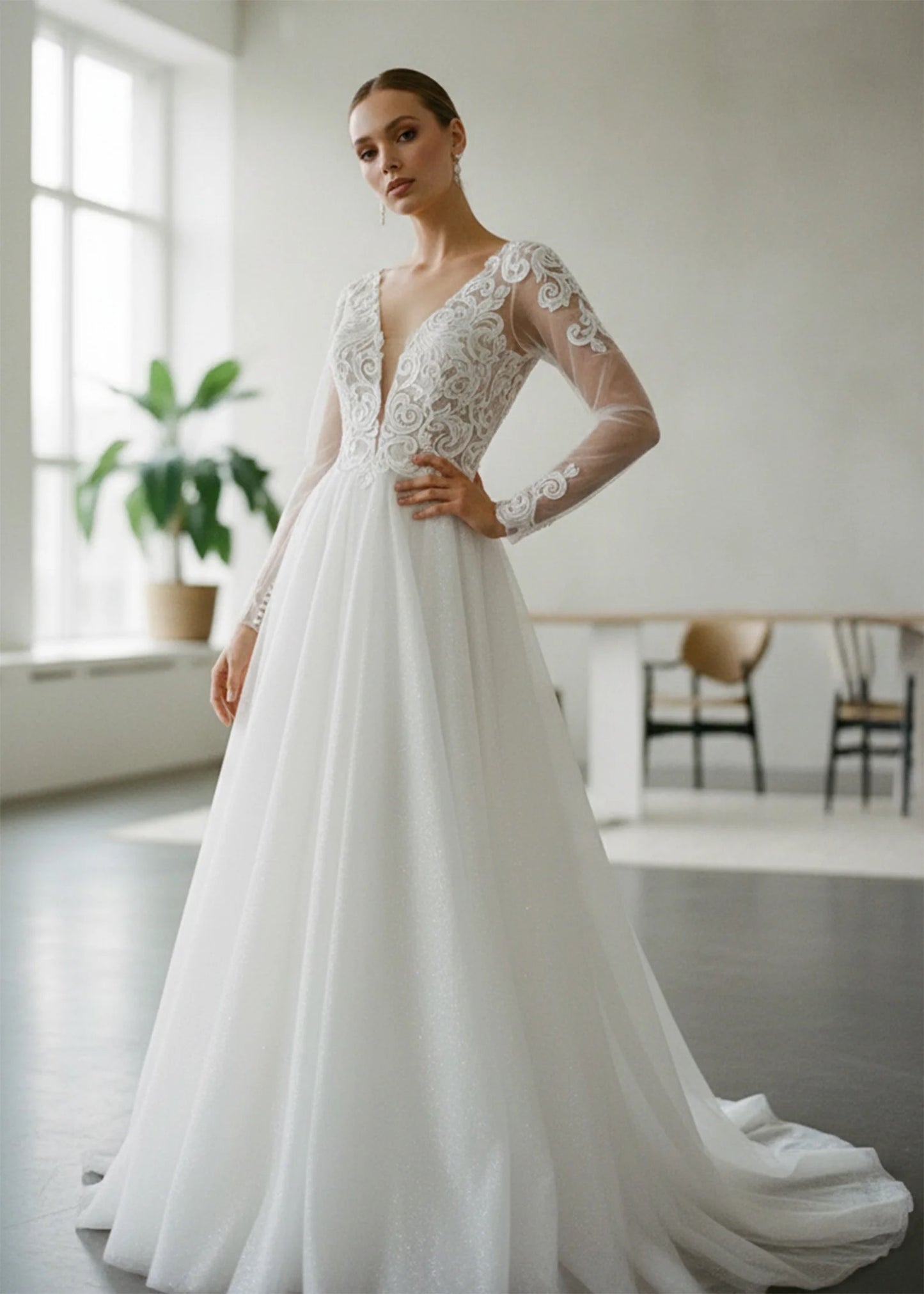 STOCK SELL-OUT: Boho A-Line Wedding Dress with Floral Appliques and Sheer Sleeves