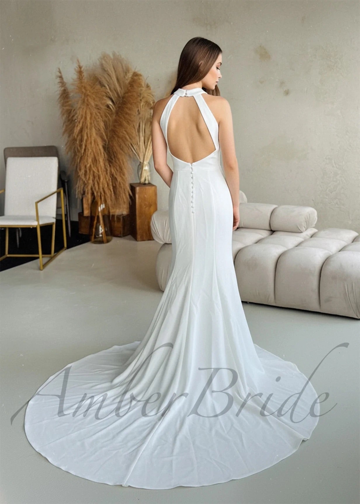 STOCK SELL-OUT: Simple Mermaid Satin Wedding Dress with Halter Neck and Backless Design