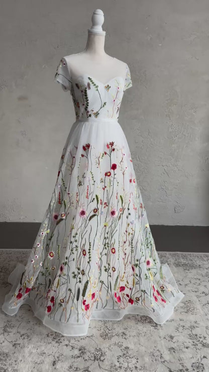 Romantic A-Line Wedding Dress with Colorful Embroidered Flowers