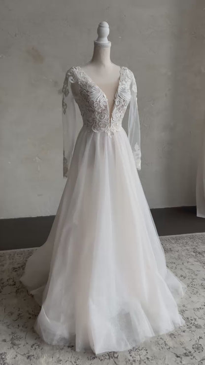 Boho A-Line Wedding Dress with Floral Appliques and Sheer Sleeves