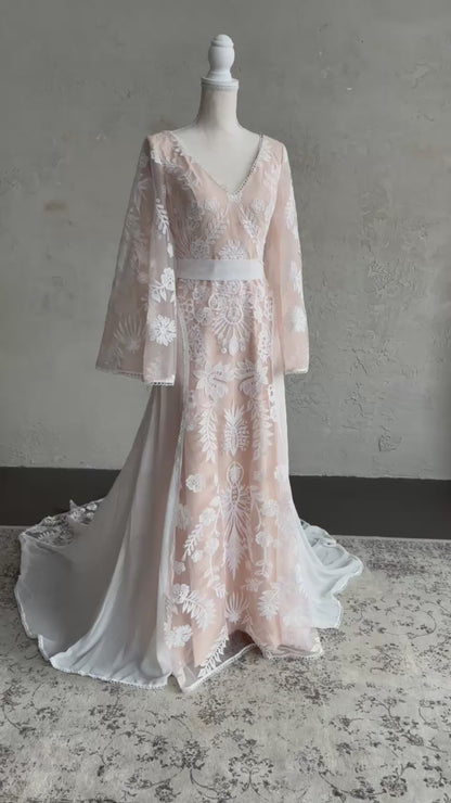 Boho Wedding Dress with Embroidered Flowers and Cape Sleeves