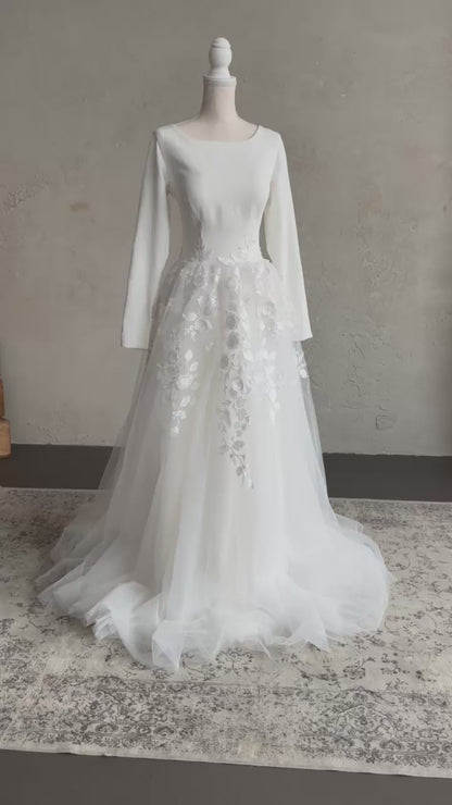 Simple A-Line Wedding Dress with Floral Appliques and Crepe Top