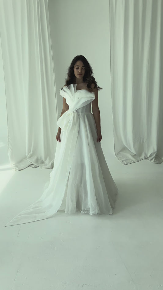 Modern Asymmetrical Organza Wedding Dress with Sculptural Bow