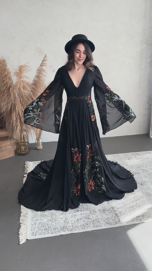 Bohemian Black A-Line Wedding Dress with Floral Embroidery and Flowing Bell Sleeves