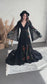 Bohemian Black A-Line Wedding Dress with Floral Embroidery and Flowing Bell Sleeves