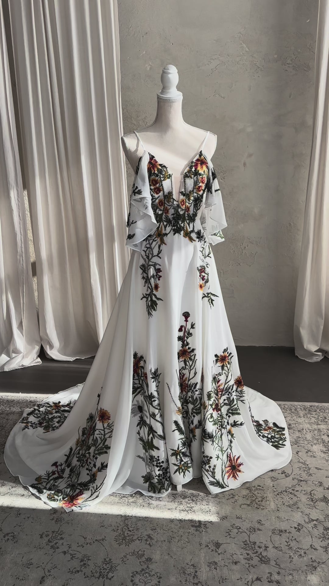 STOCK SELL-OUT: Colorful Floral A-Line Wedding Dress with Detachable Off-Shoulder Sleeves