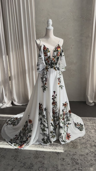STOCK SELL-OUT: Colorful Floral A-Line Wedding Dress with Detachable Off-Shoulder Sleeves