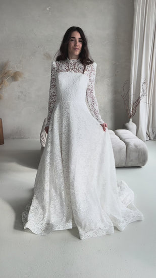 STOCK SELL-OUT: Classic Lace A-Line Wedding Dress with Long Sleeves