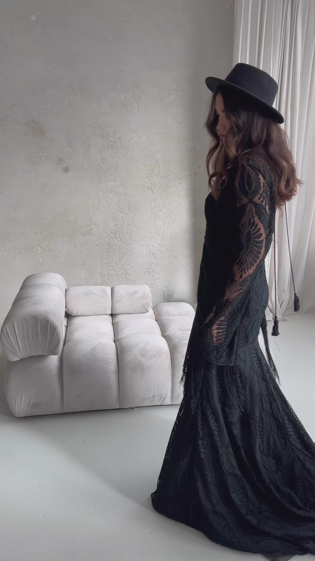 knee length dresses for ladies Black Bohemian Lace Wedding Dress with Fringe Sleeves