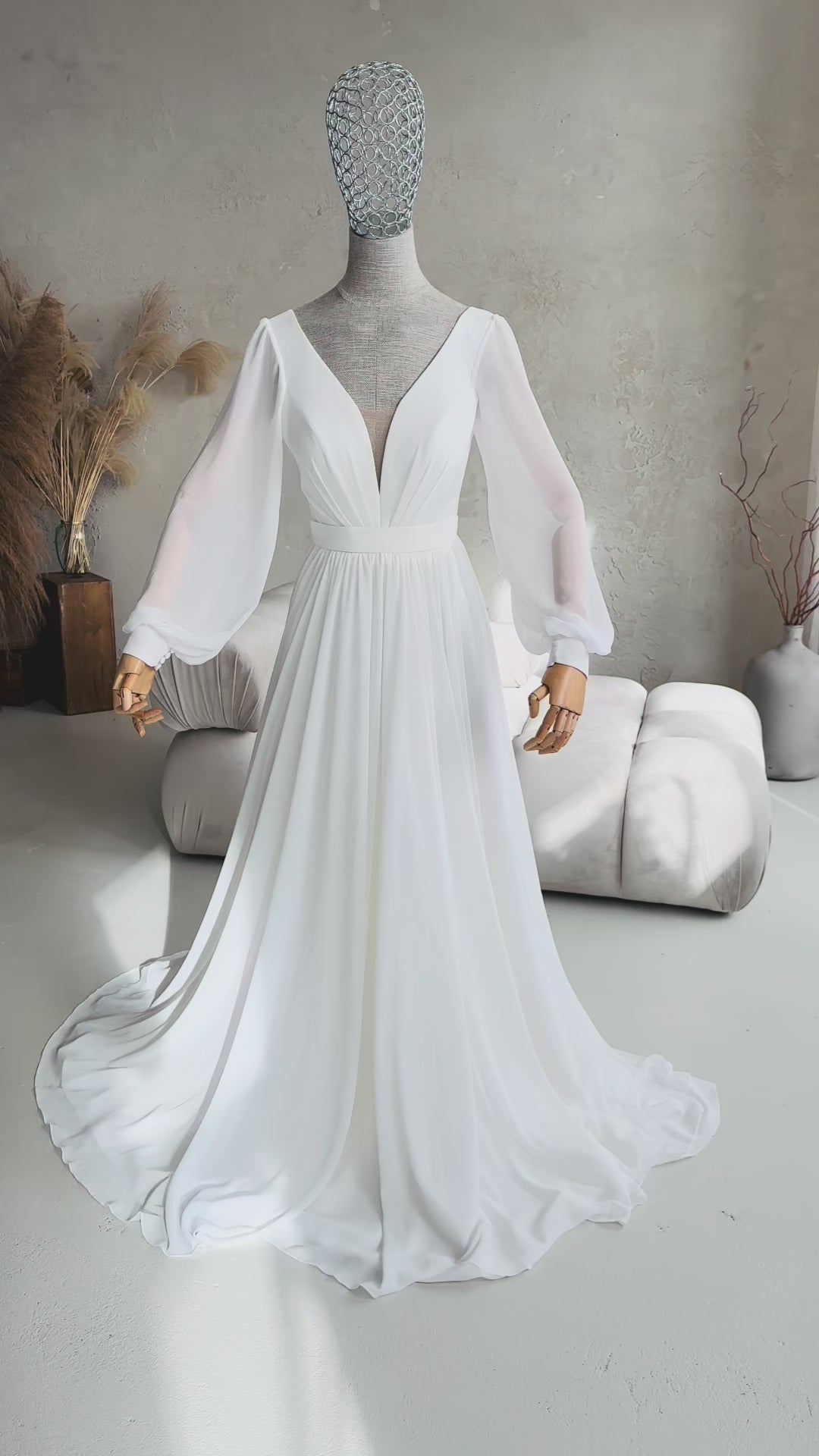 Elegant Flowy Chiffon Wedding Dress with Long Puffy Sleeve and Open Back