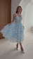 Blue Floral Midi Wedding Dress with 3D Flower Appliqué and Corset Bodice