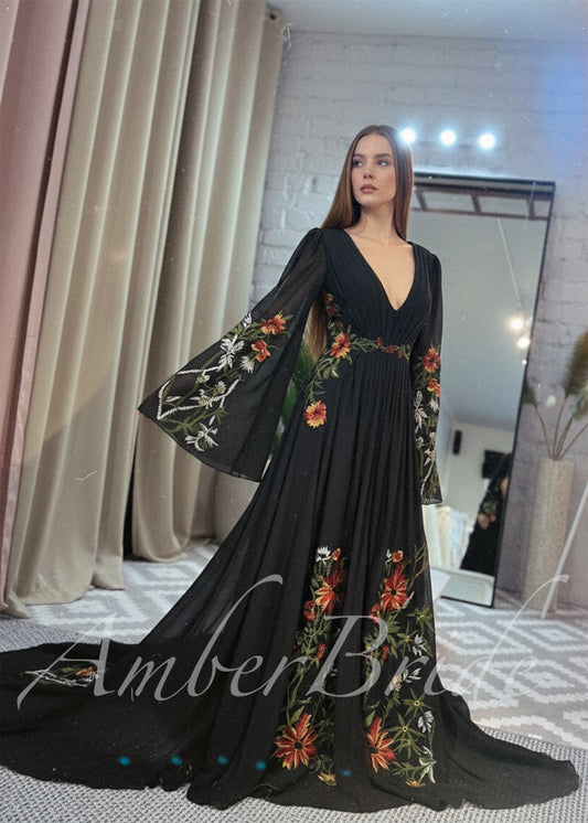 Bohemian Black A-Line Wedding Dress with Floral Embroidery and Flowing Bell Sleeves