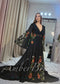 Bohemian Black A-Line Wedding Dress with Floral Embroidery and Flowing Bell Sleeves