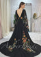Bohemian Black A-Line Wedding Dress with Floral Embroidery and Flowing Bell Sleeves