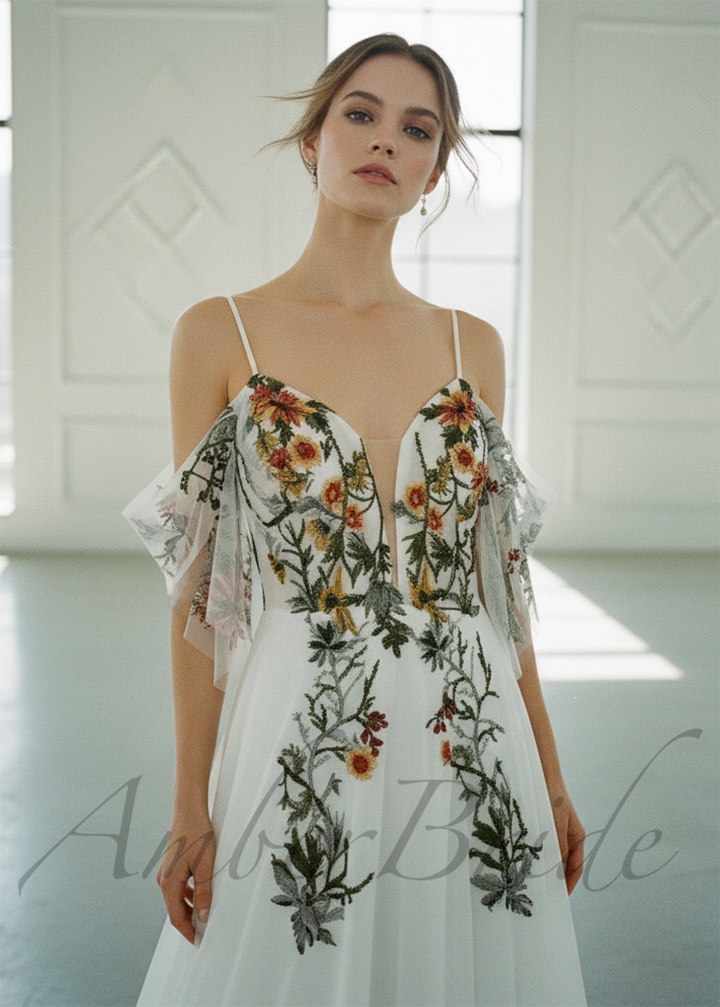 Forest Floral Chiffon Wedding Dress with Off Shoulder Embroidered Bodice