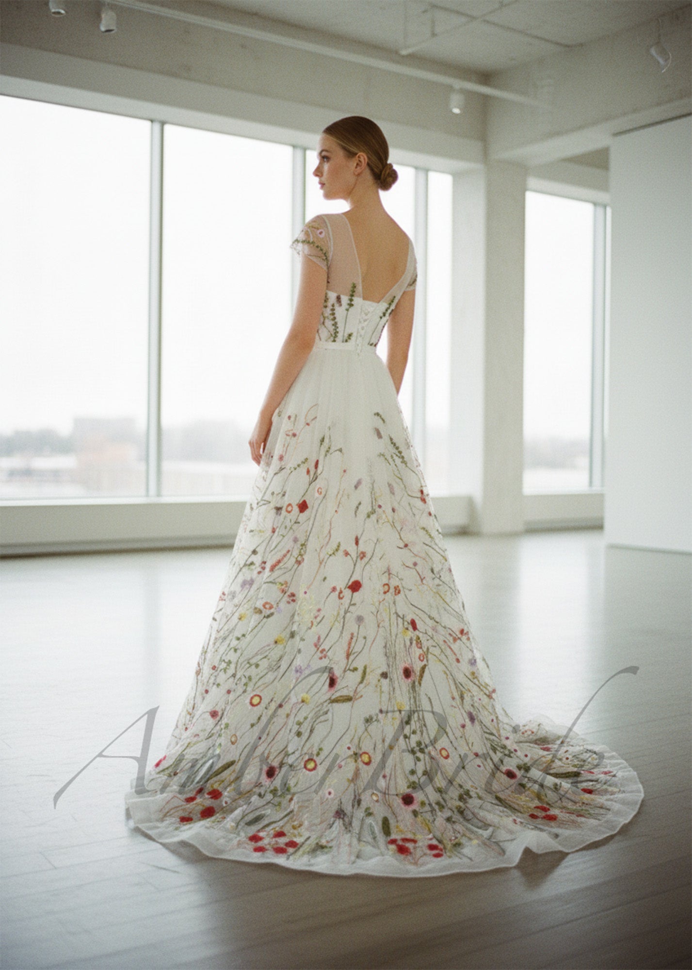 Romantic A-Line Wedding Dress with Colorful Embroidered Flowers