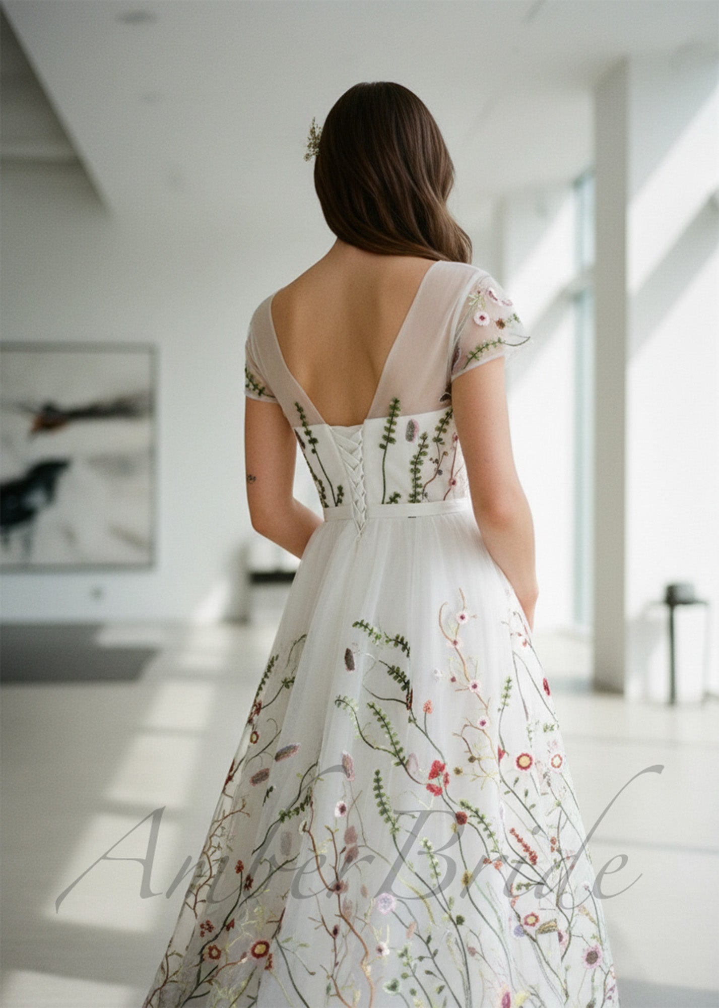 Romantic A-Line Wedding Dress with Colorful Embroidered Flowers
