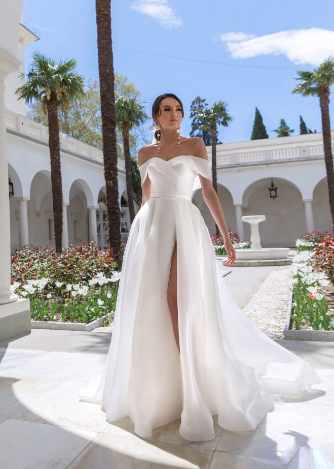 Simple A-Line Organza Wedding Dress with Off-the-Shoulder Design