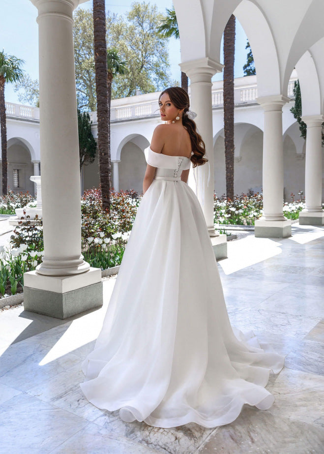 White Organza A Line Off Shoulder Wedding Dress With Train High Slit Bridal  Gown | eBay