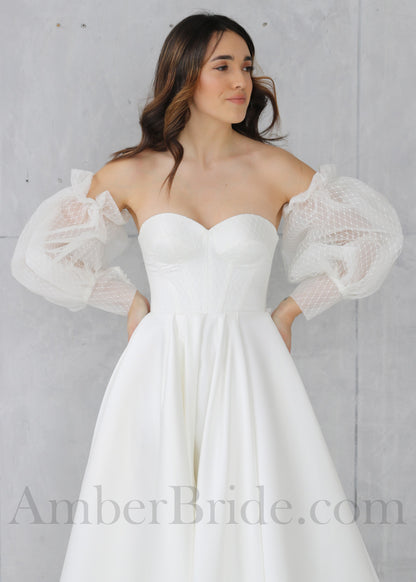 Classic A-Line Satin Wedding Dress with Detachable Long Puffy Sleeves and Slit