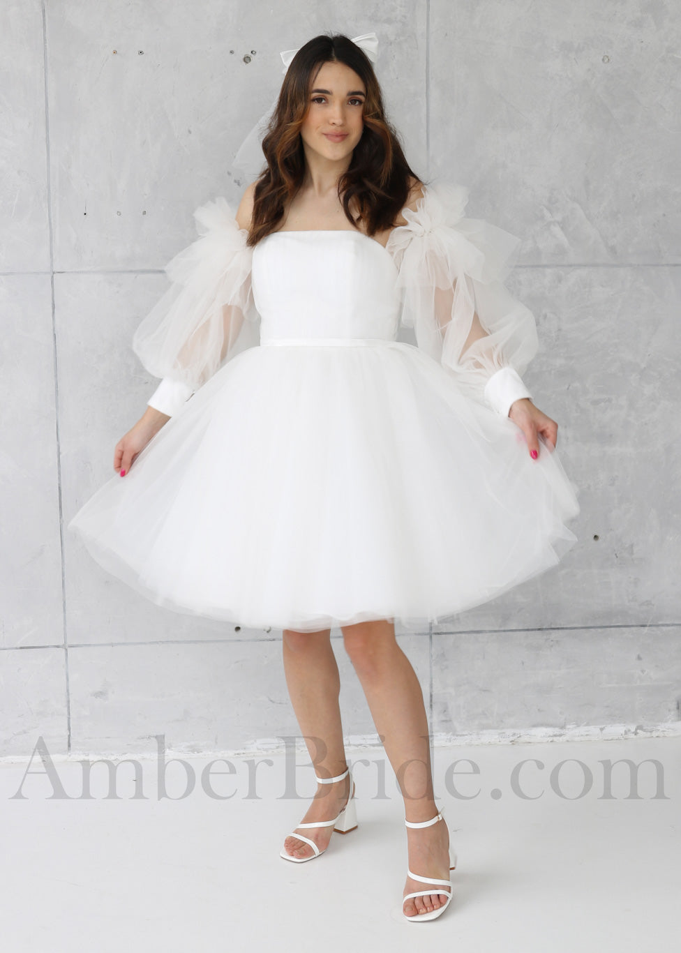 Short Puffy Tulle Dress with Detachable Bishop Sleeves and Corset
