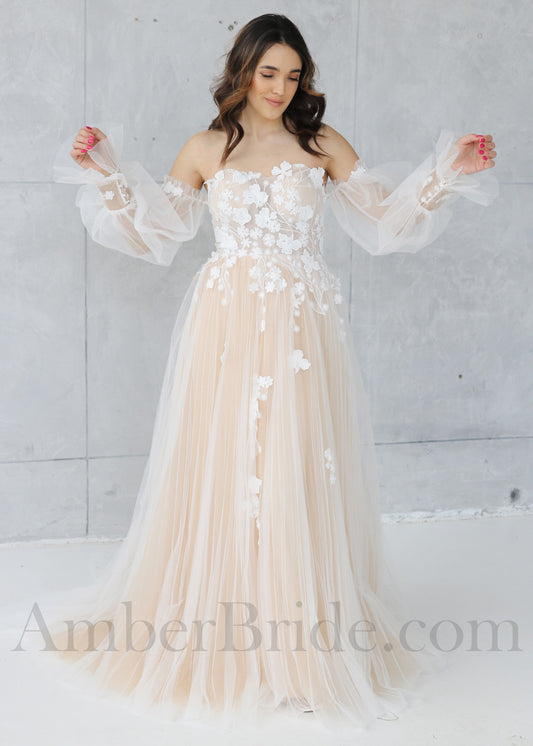 Rustic A-Line Wedding Dress with Flower Appliques and Long Puffy Sleeves