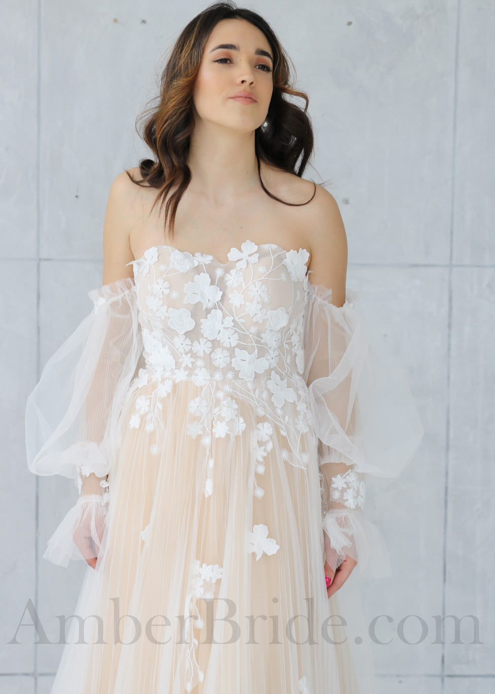 Rustic A-Line Wedding Dress with Flower Appliques and Long Puffy Sleeves
