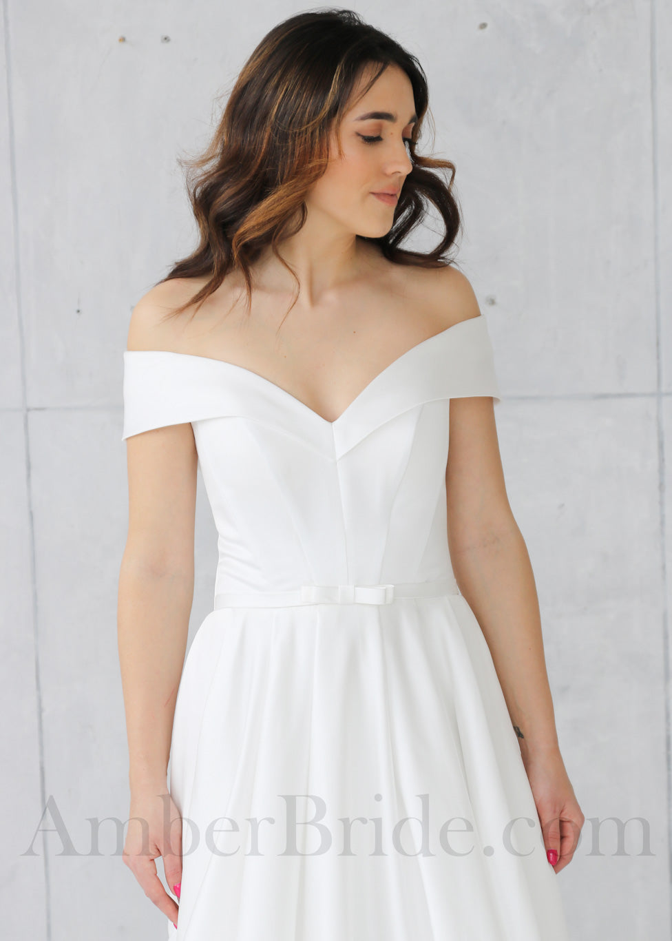 Minimalist A Line Wedding Dress with Satin and Off-Shoulder Sweetheart Neckline