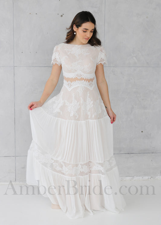 Boho Sheath Lace and Chiffon Wedding Dress with Short Sleeves, and Open V-Back