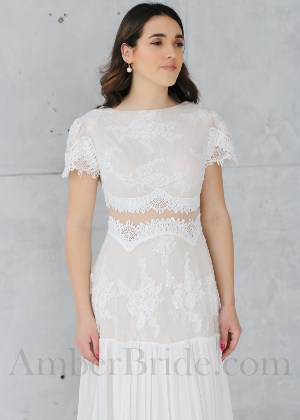 Boho Sheath Lace and Chiffon Wedding Dress with Short Sleeves, and Open V-Back