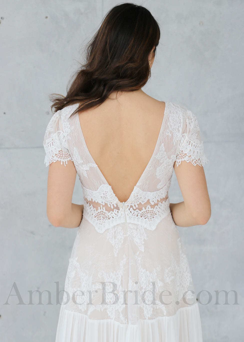 Boho Sheath Lace and Chiffon Wedding Dress with Short Sleeves, and Open V-Back