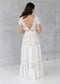 Boho Sheath Lace and Chiffon Wedding Dress with Short Sleeves, and Open V-Back