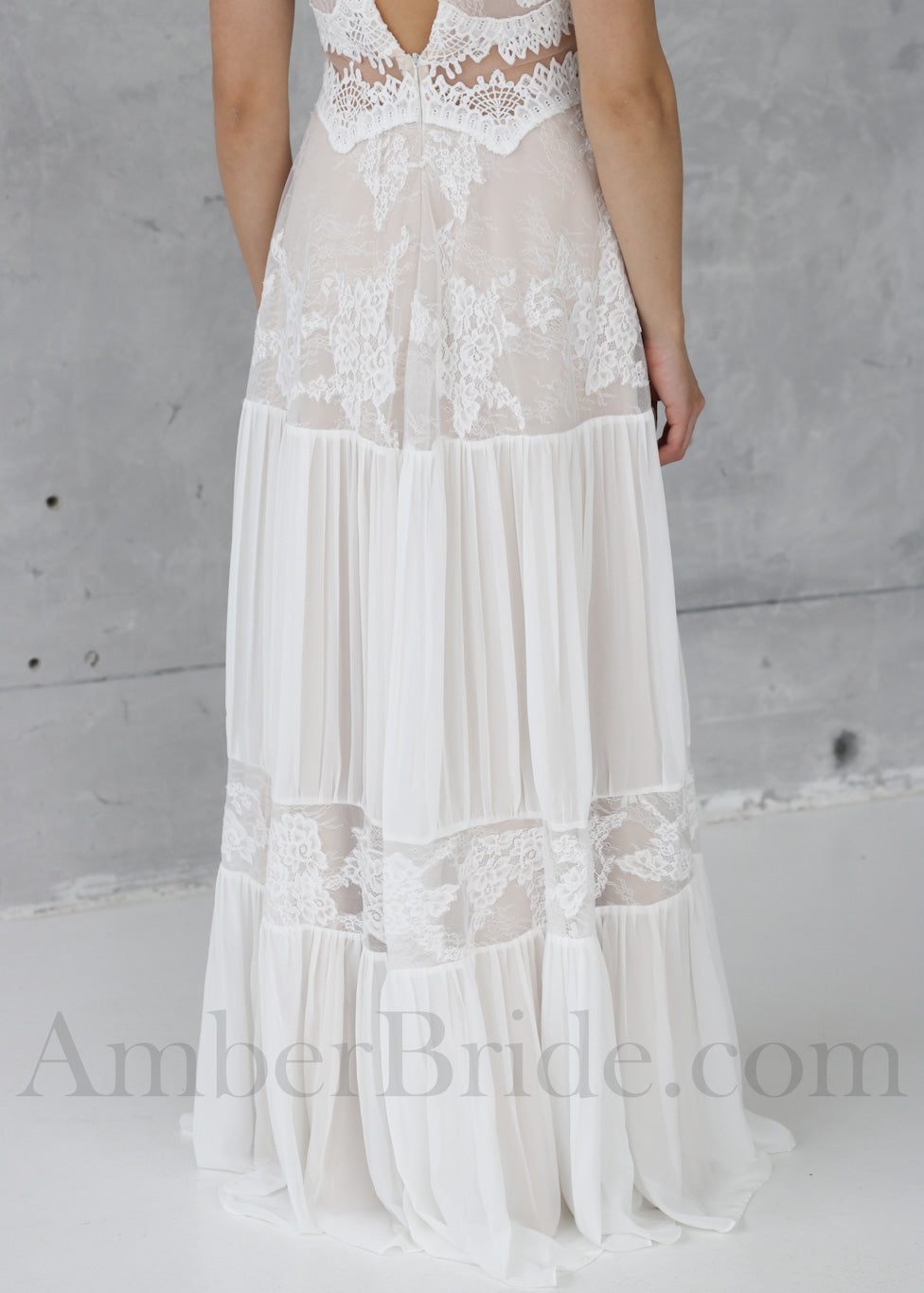 Boho Sheath Lace and Chiffon Wedding Dress with Short Sleeves, and Open V-Back