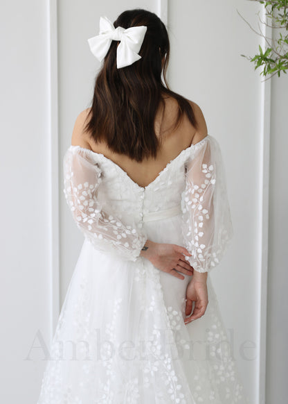 Rustic Off-Shoulder Wedding Dress with Long Puffy Sleeves and Flower Details