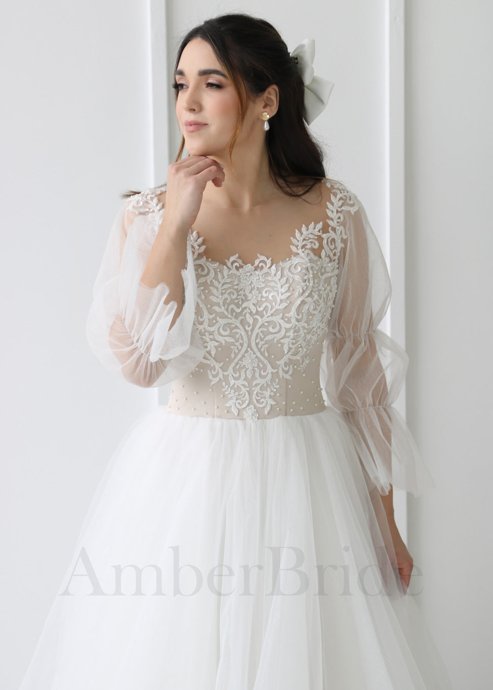 Boho A-Line Wedding Dress with Long Puffy Sleeves and Tulle Skirt