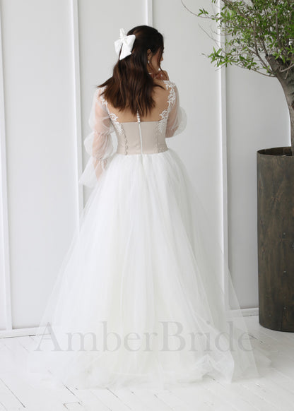 Boho A-Line Wedding Dress with Long Puffy Sleeves and Tulle Skirt