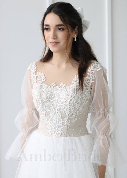 Boho A-Line Wedding Dress with Long Puffy Sleeves and Tulle Skirt