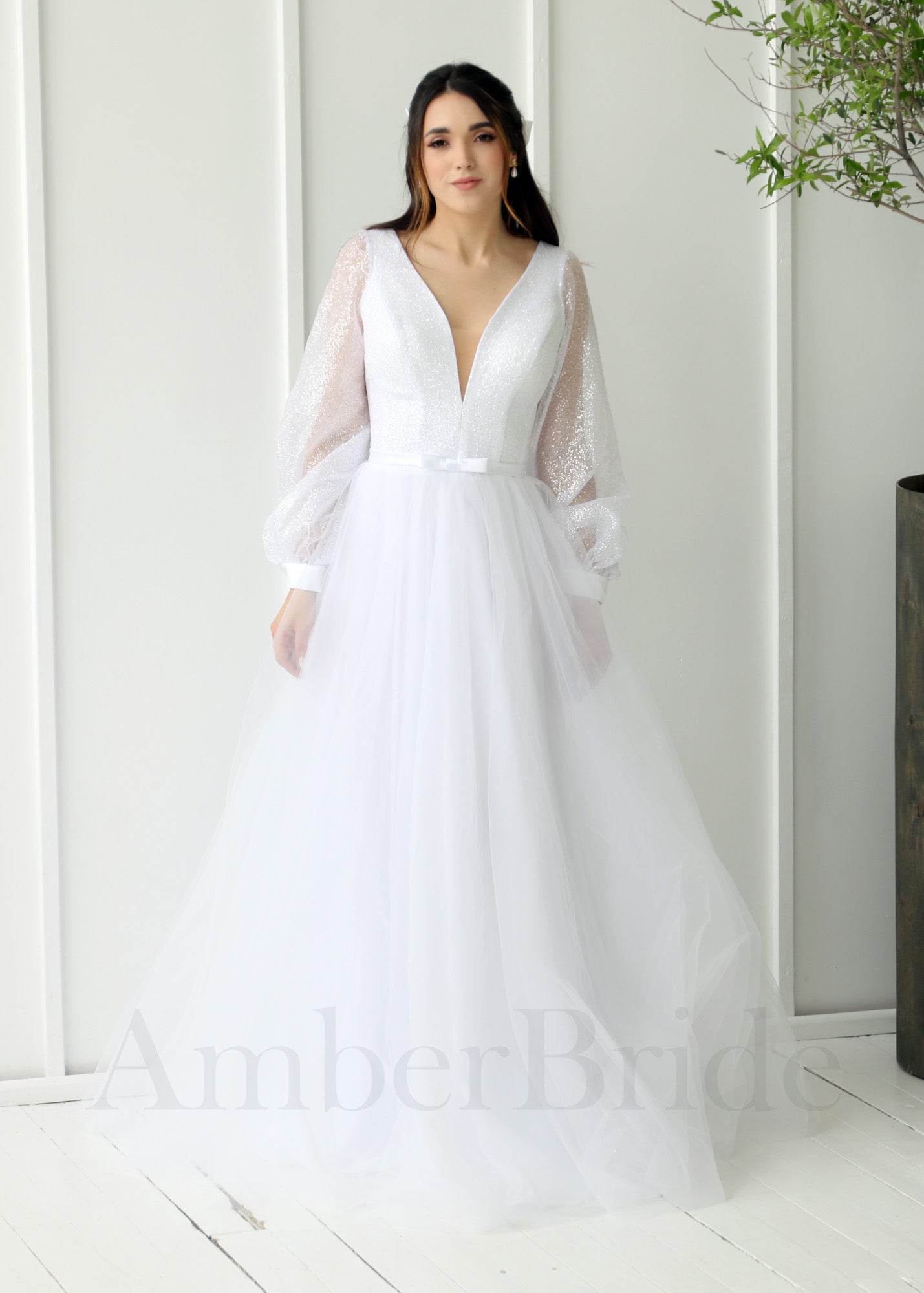 Simple A-Line Wedding Dress with Glittery Tulle Skirt and Deep V Neckline