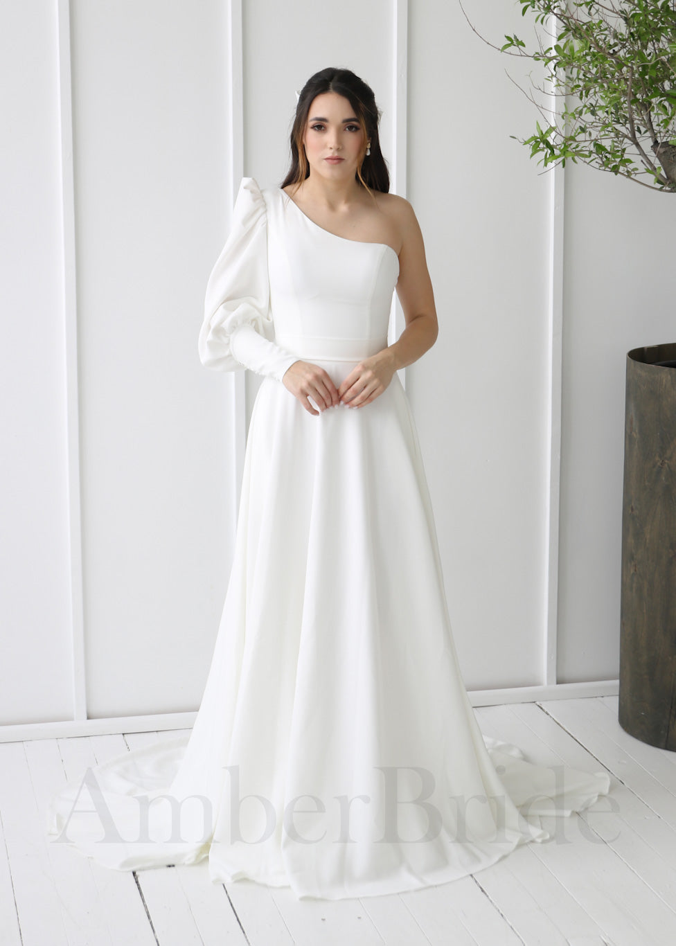 Elegant One Shoulder A-Line Crepe Wedding Dress with Long Bishop Sleeve
