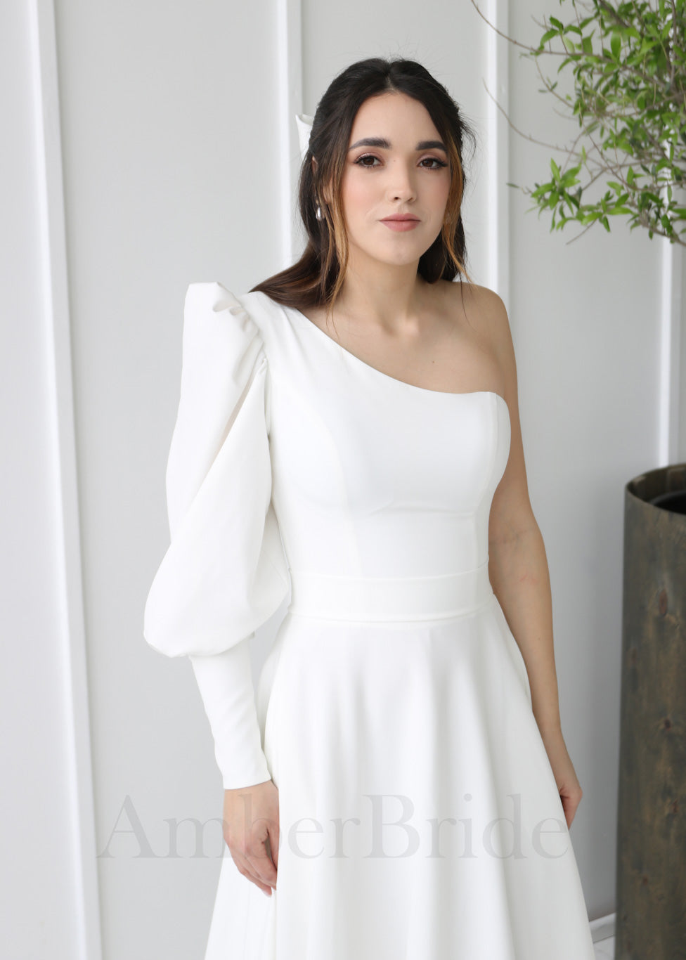 Elegant One Shoulder A-Line Crepe Wedding Dress with Long Bishop Sleeve