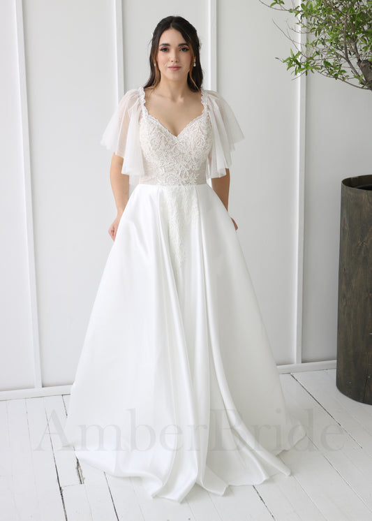 Boho A-Line Wedding Dress with Satin Skirt and Cape or Off Shoulder Sleeves
