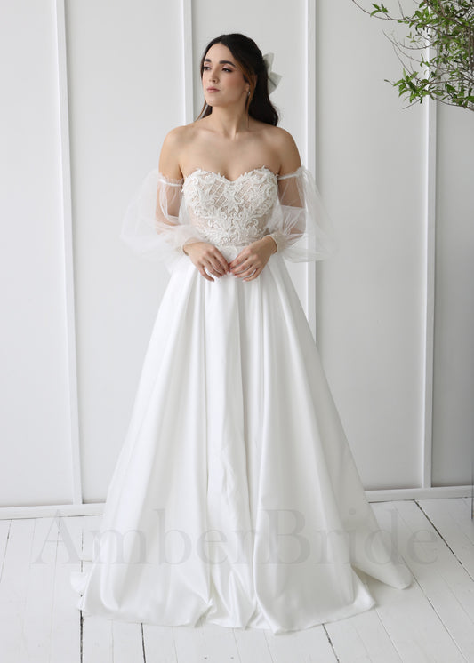 Boho A-Line Wedding Dress with Satin Skirt, Strapless Design, and Long Puffy Sleeves