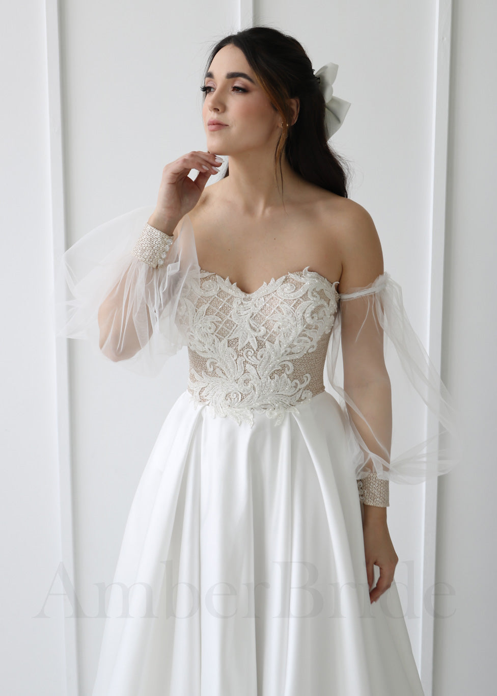 Boho A-Line Wedding Dress with Satin Skirt, Strapless Design, and Long Puffy Sleeves