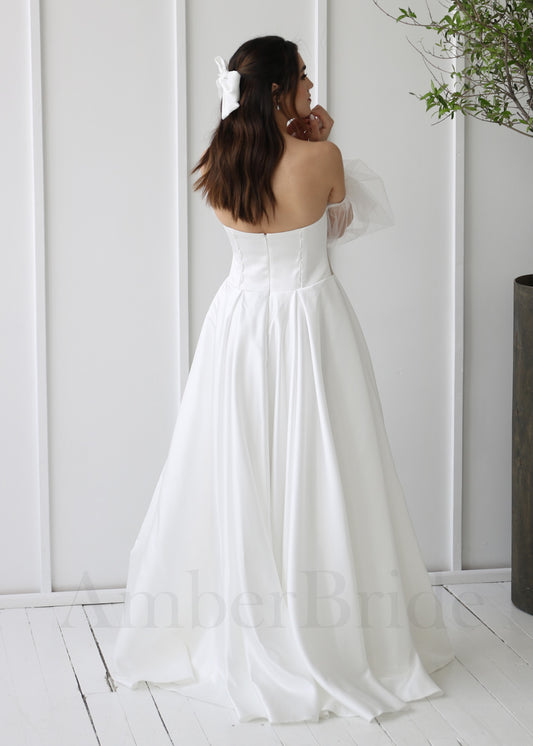 Boho A-Line Wedding Dress with Satin Skirt, Strapless Design, and Long Puffy Sleeves