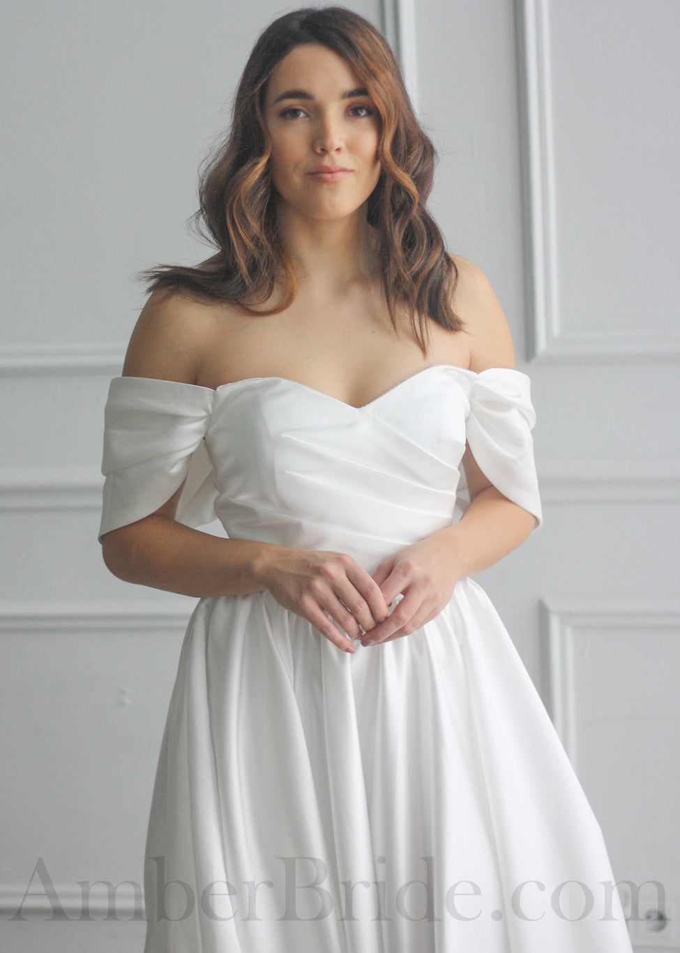 Simple A-Line Satin Wedding Dress with Off The Shoulder Sweetheart Neckline