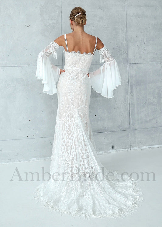 Boho A Line Backless Spaghetti Straps Lace And Tulle Wedding Dress