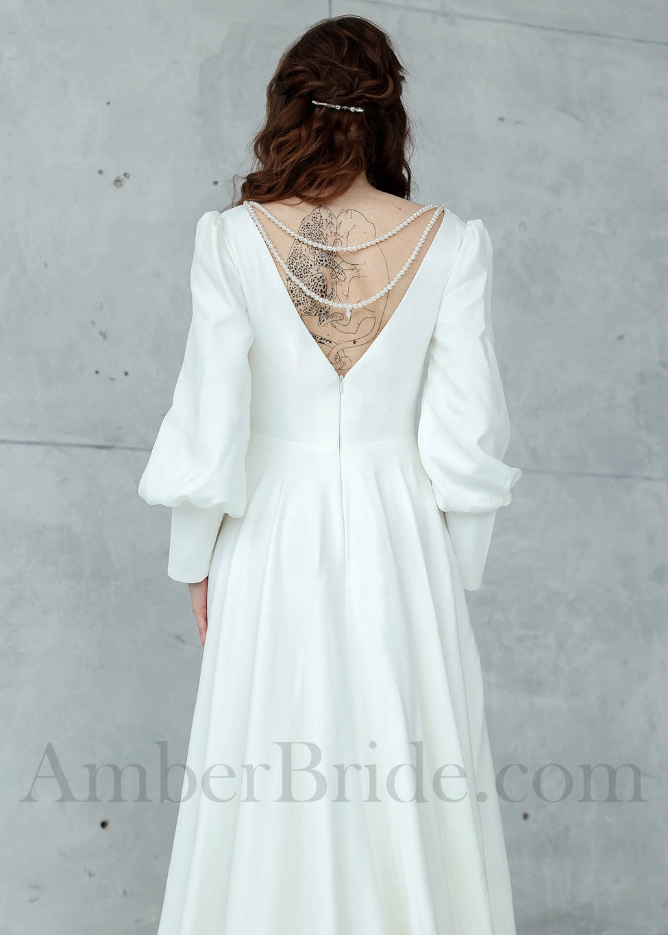 Elegant Satin A-Line Wedding Dress with Long Bishop Sleeves and V-Shape Open Back