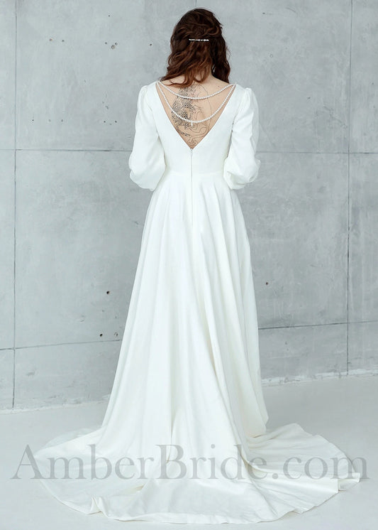 Elegant Satin A-Line Wedding Dress with Long Bishop Sleeves and V-Shape Open Back