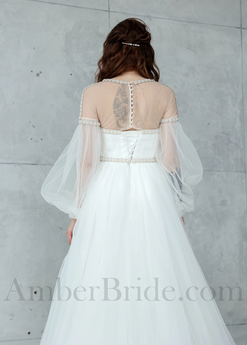 Boho A Line Long Bishop Sleeve Tulle Wedding Dress with Beaded Design